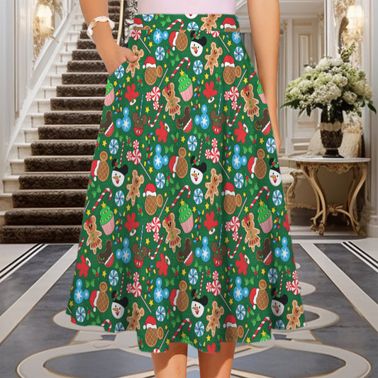 Christmas Snacks Elastic Waist Midi Skirt With Pockets