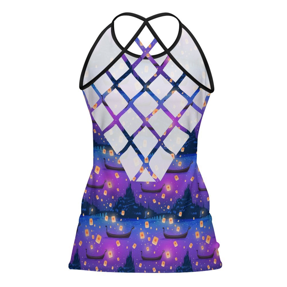 Disney Tangled Rapunzel Floating Lanterns Women's Criss-Cross Open Back Tank Top