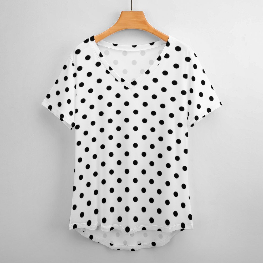 White With Black Polka Dots Women's V-Neck T-Shirt