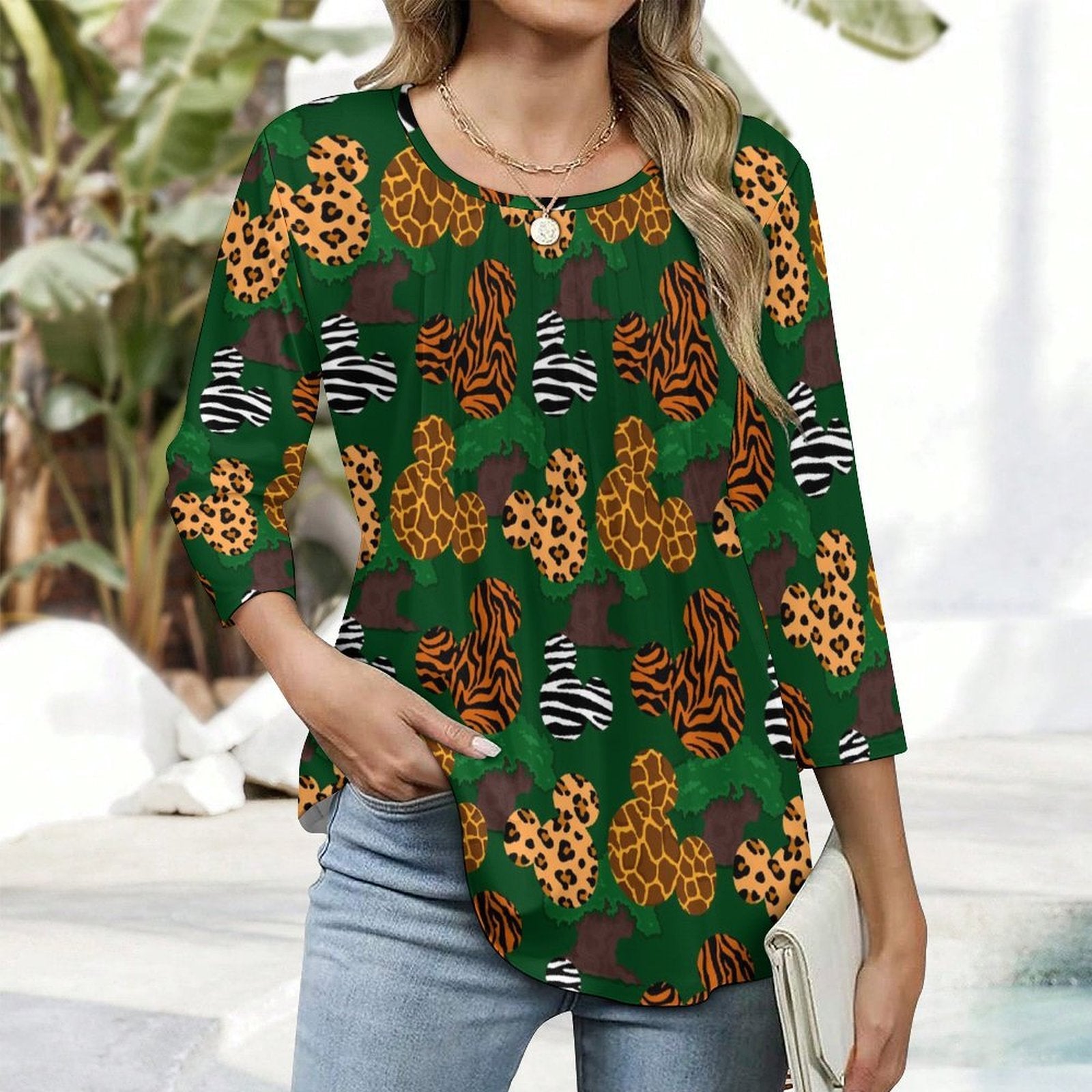 Animal Prints Women's 3/4 Sleeve Pleated Tunic Top - Ambrie