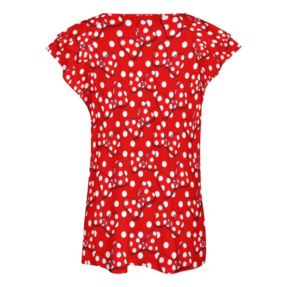 Red With White Polka Dot And Bows Women's Ruffle Sleeve V-Neck T-Shirt