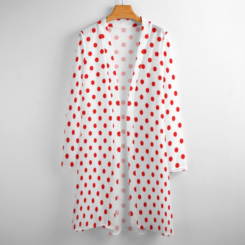 White With Red Polka Dots Women's Mid-Length Cardigan