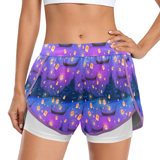 Floating Lanterns Women's Sports Shorts With Compression Liner