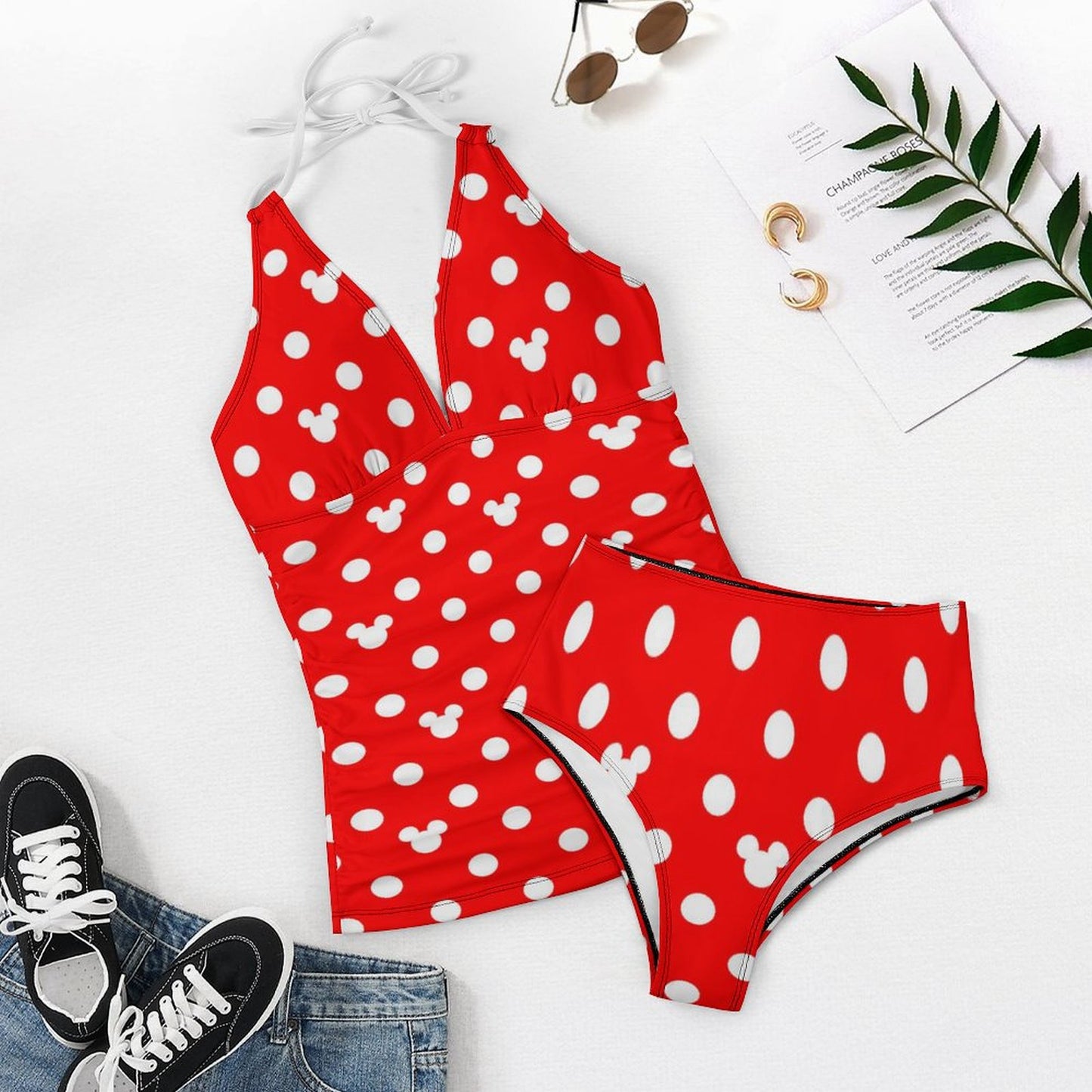 Red With White Mickey Polka Dots Women's Split Swimsuit