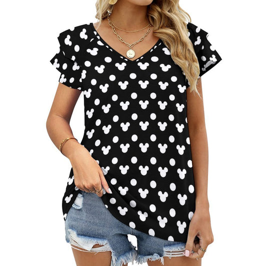Black With White Mickey Polka Dots Women's Ruffle Sleeve V-Neck T-Shirt