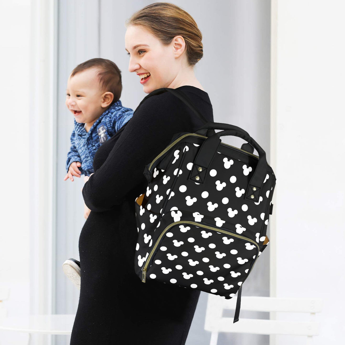 Black With White Mickey Polka Dots Multi-Function Diaper Bag