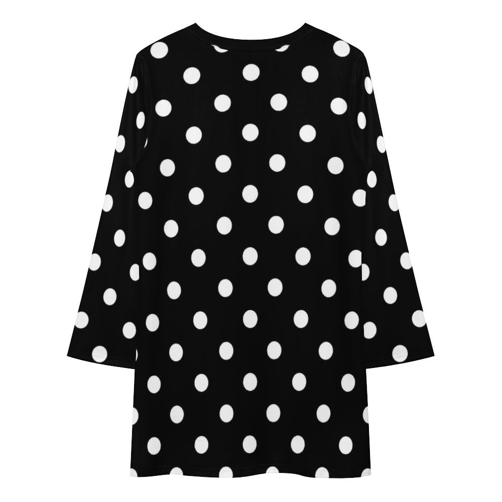 Black With White Polka Dots Long Sleeve Patchwork T-shirt Dress