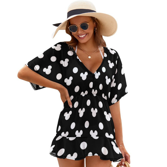 Black With White Mickey Polka Dots Women's Swimsuit Coverup