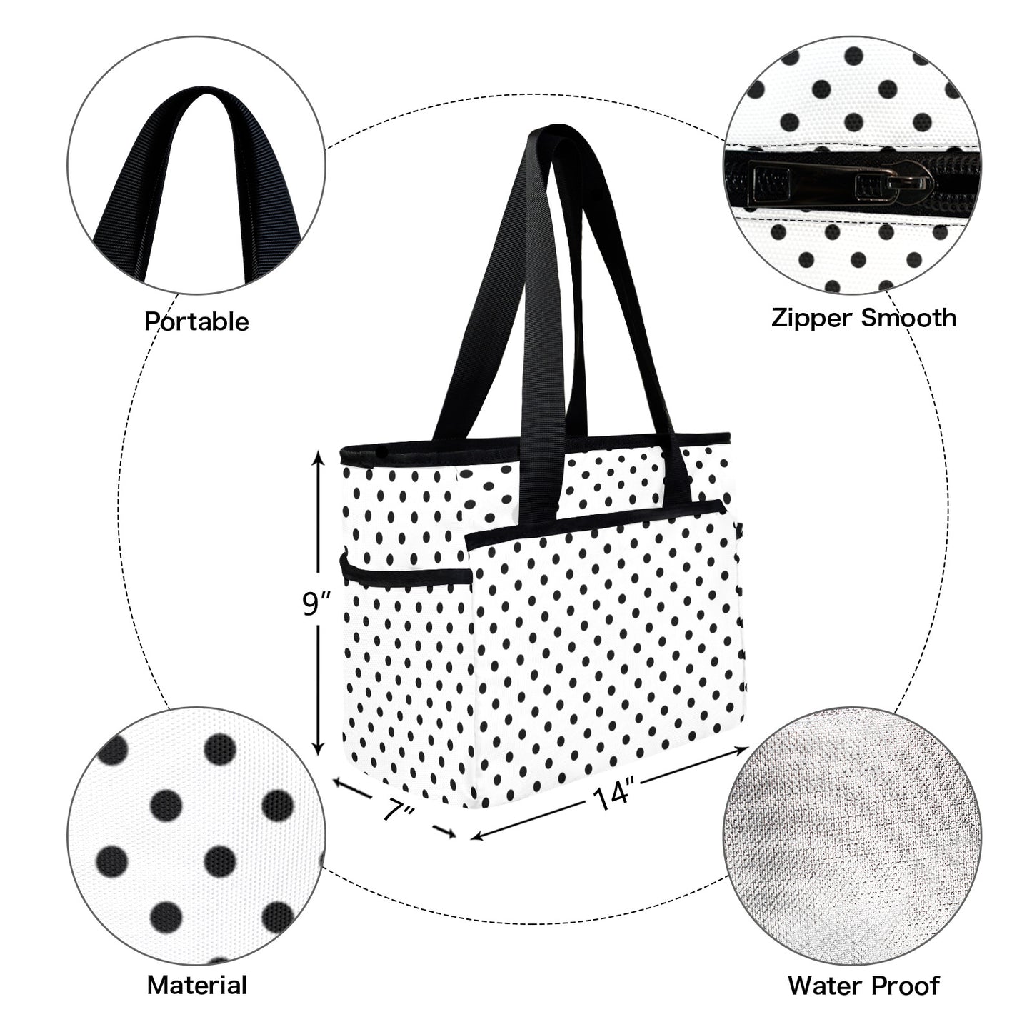 White With Black Polka Dots Large Capacity Insulated Tote Bag