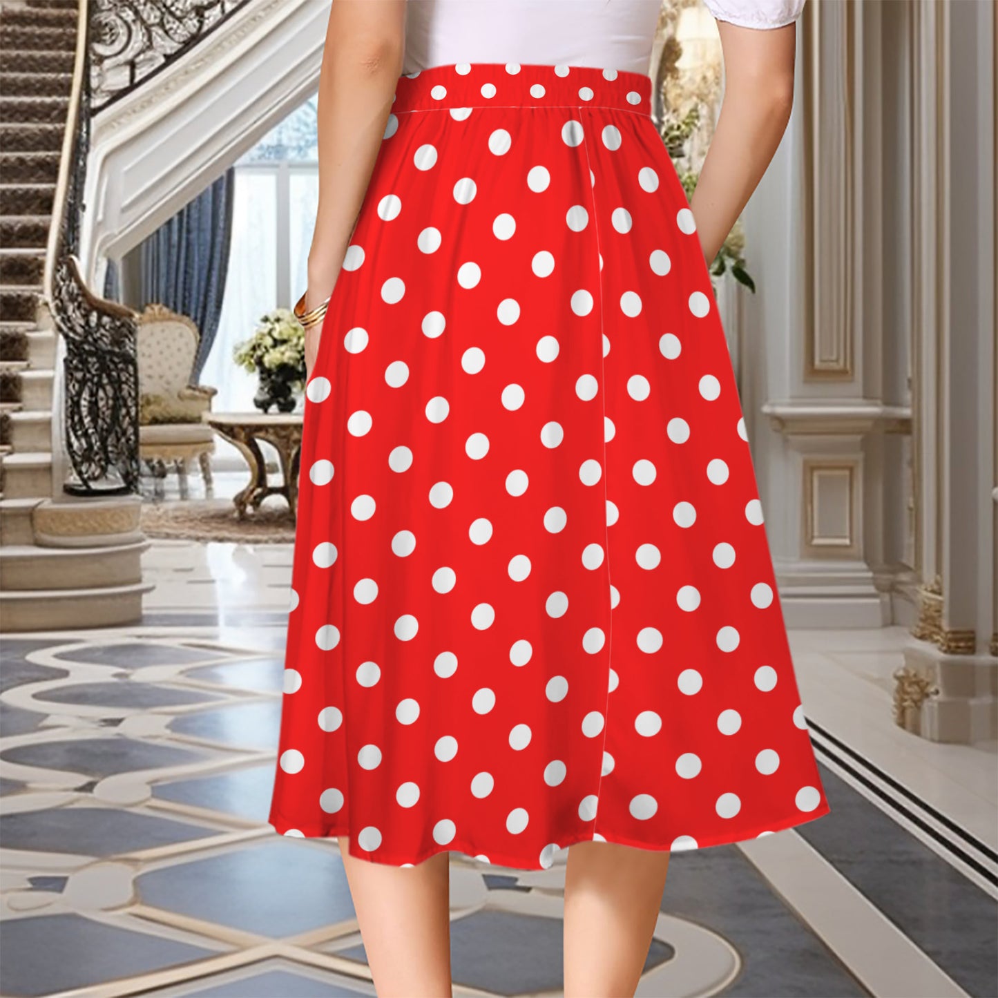 Red With White Polka Dots Elastic Waist Midi Skirt With Pockets
