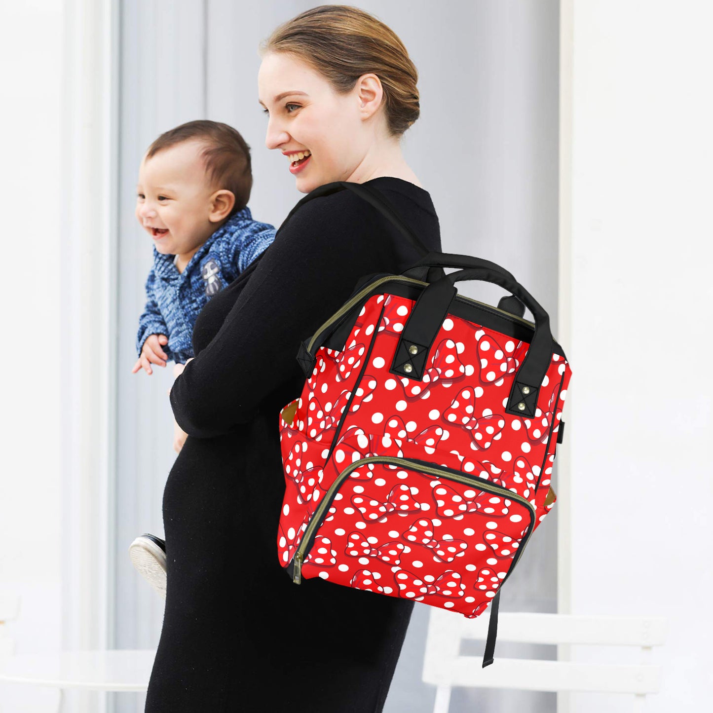 Red With White Polka Dot And Bows Multi-Function Diaper Bag