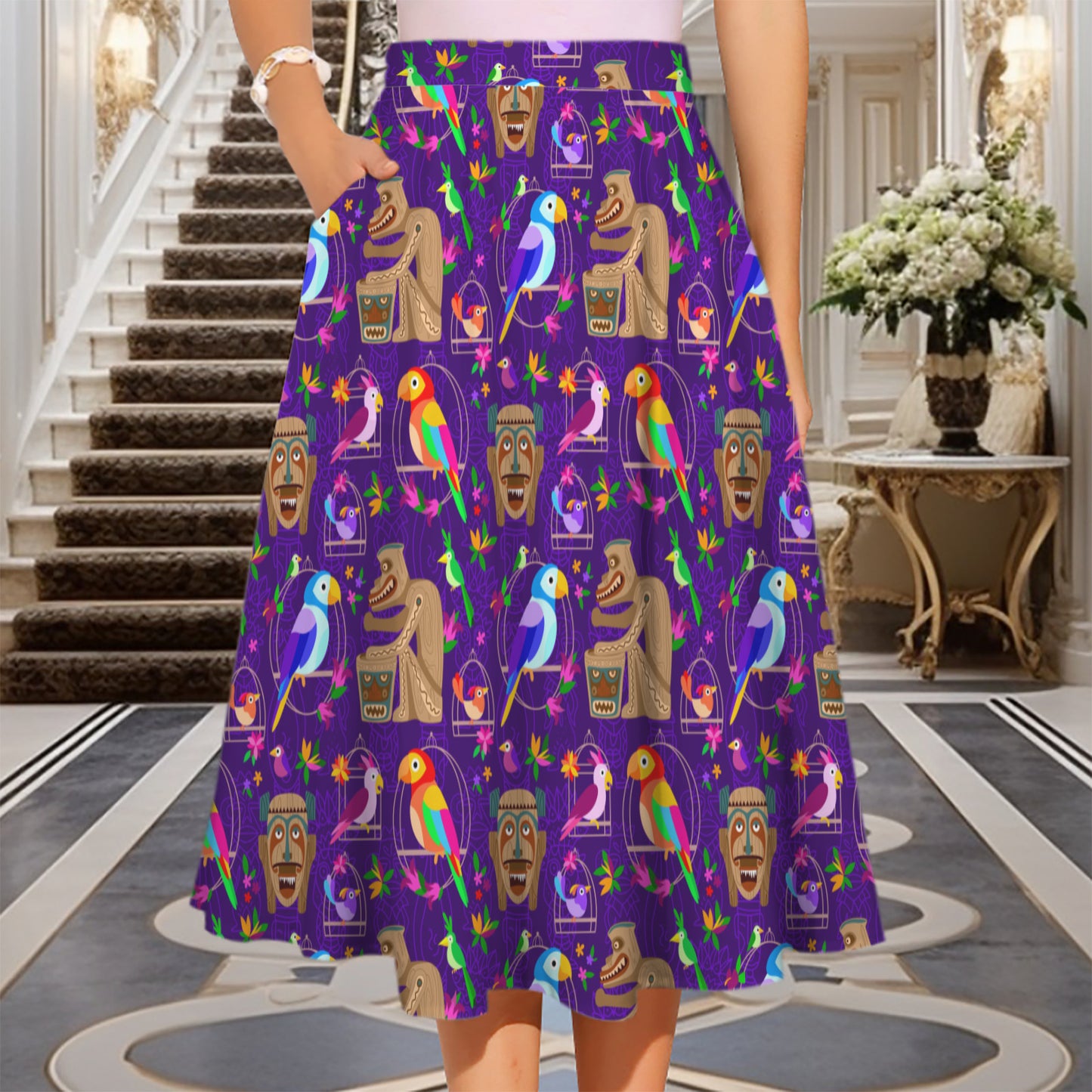 Tiki Plays The Drums Elastic Waist Midi Skirt With Pockets