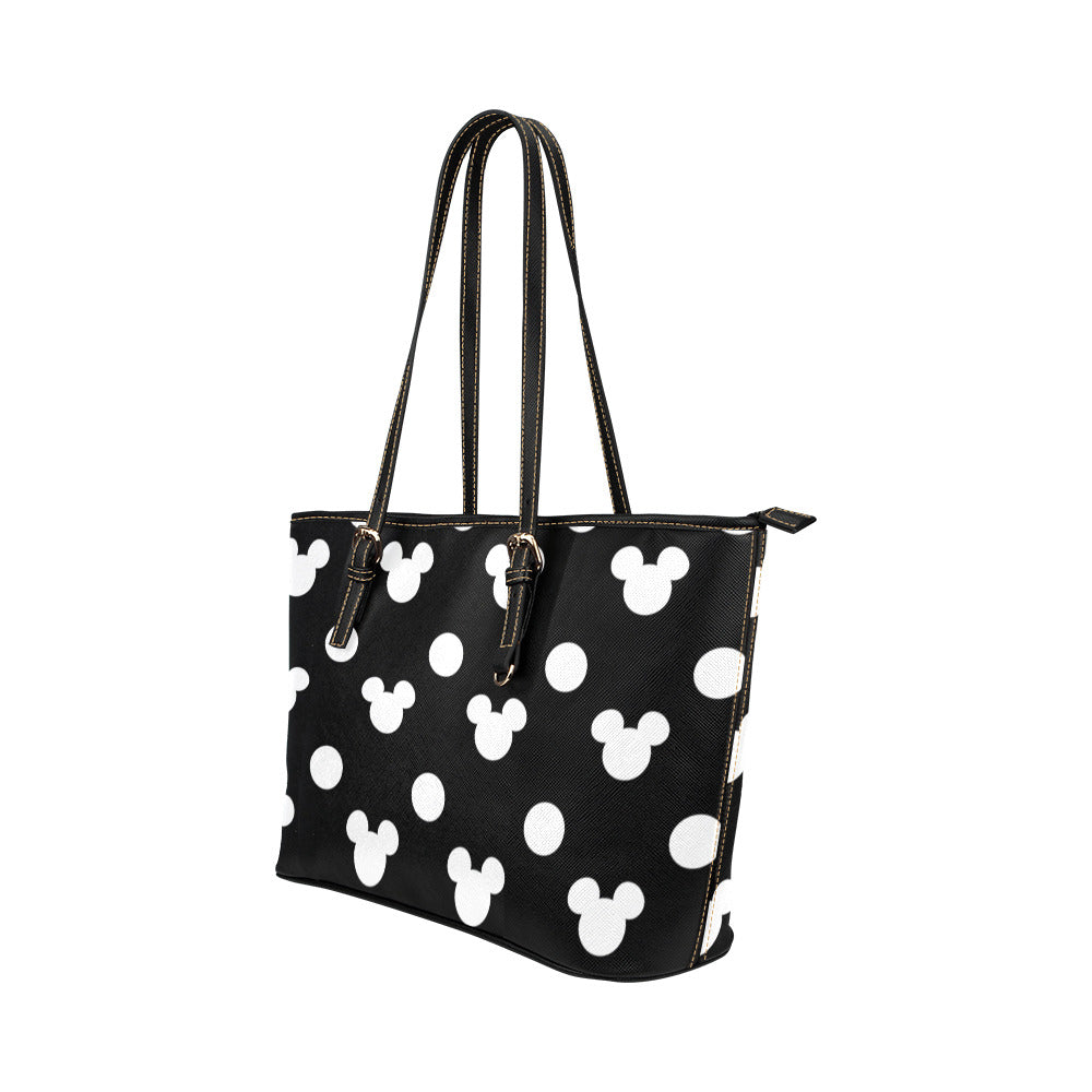 Black With White Mickey Polka Dots Leather Tote Bag