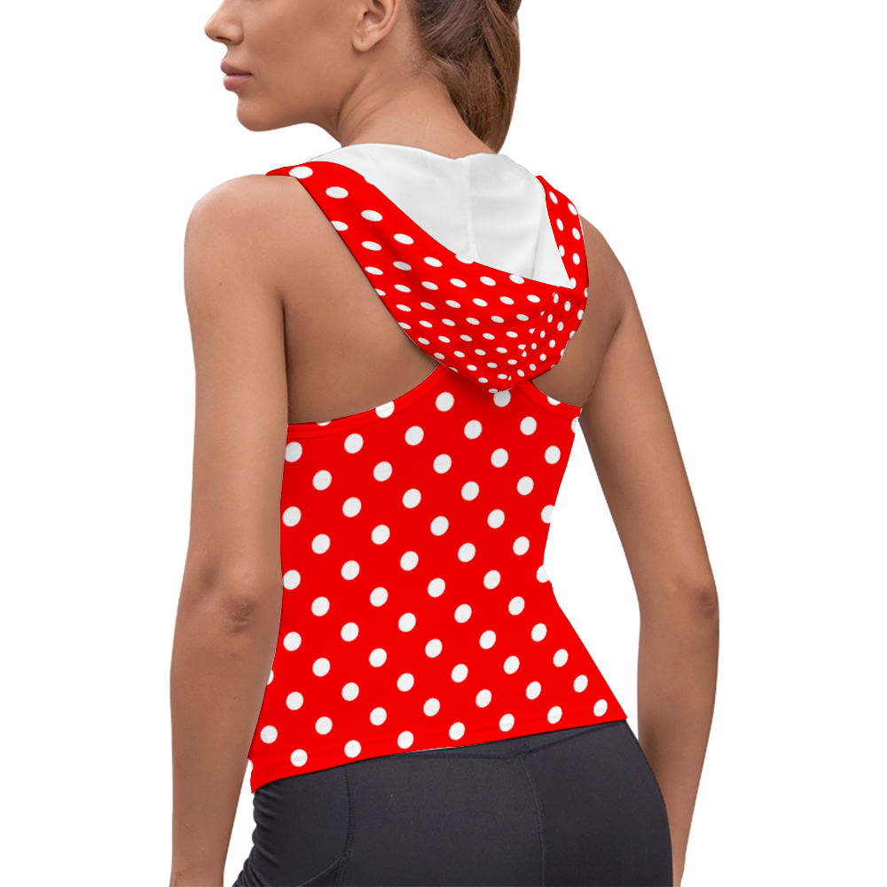 Red With White Polka Dots Women's Athletic V-Neck Sleeveless Hoodie Vest Tank Top