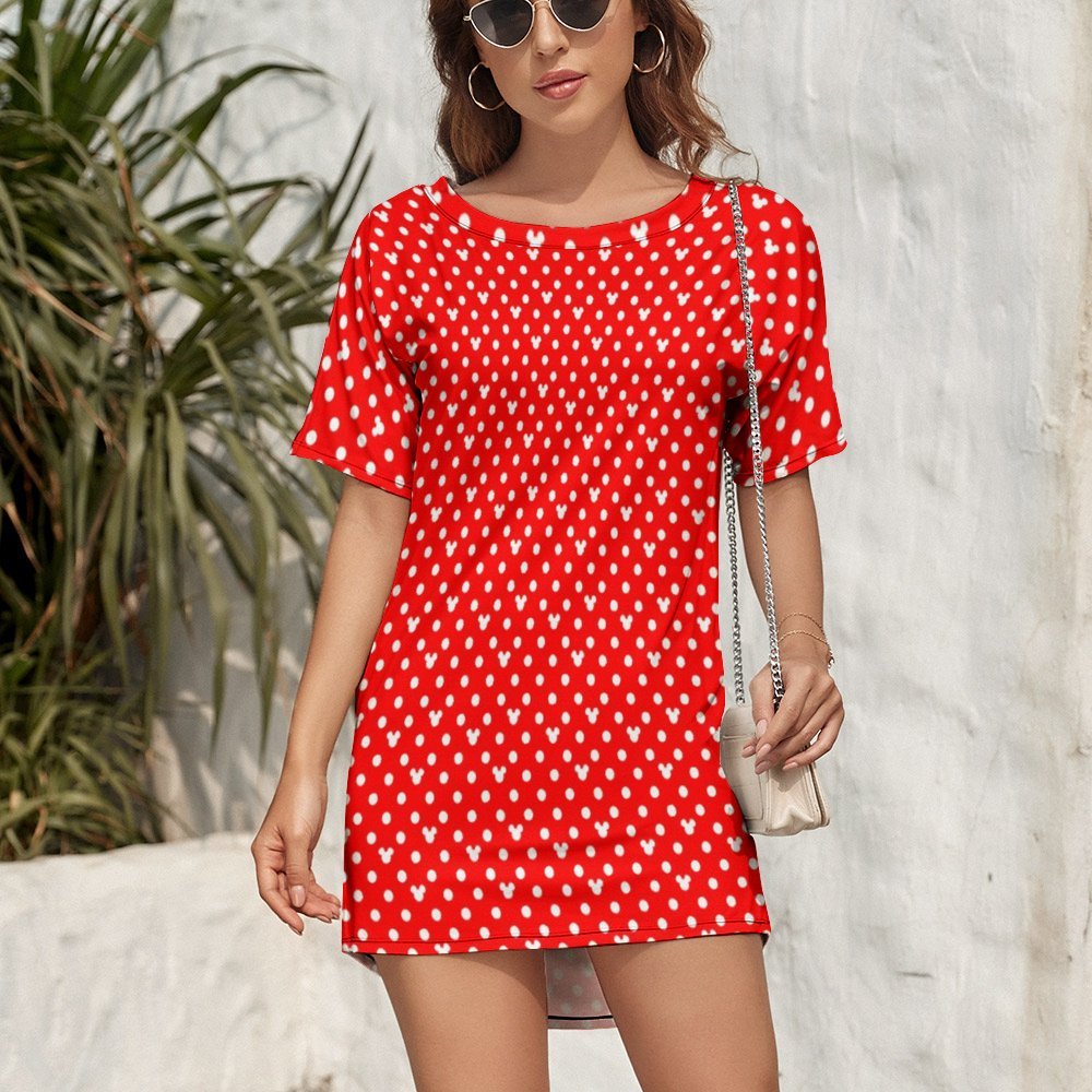 Red With White Mickey Polka Dots Dolman Short Sleeve T-Shirt