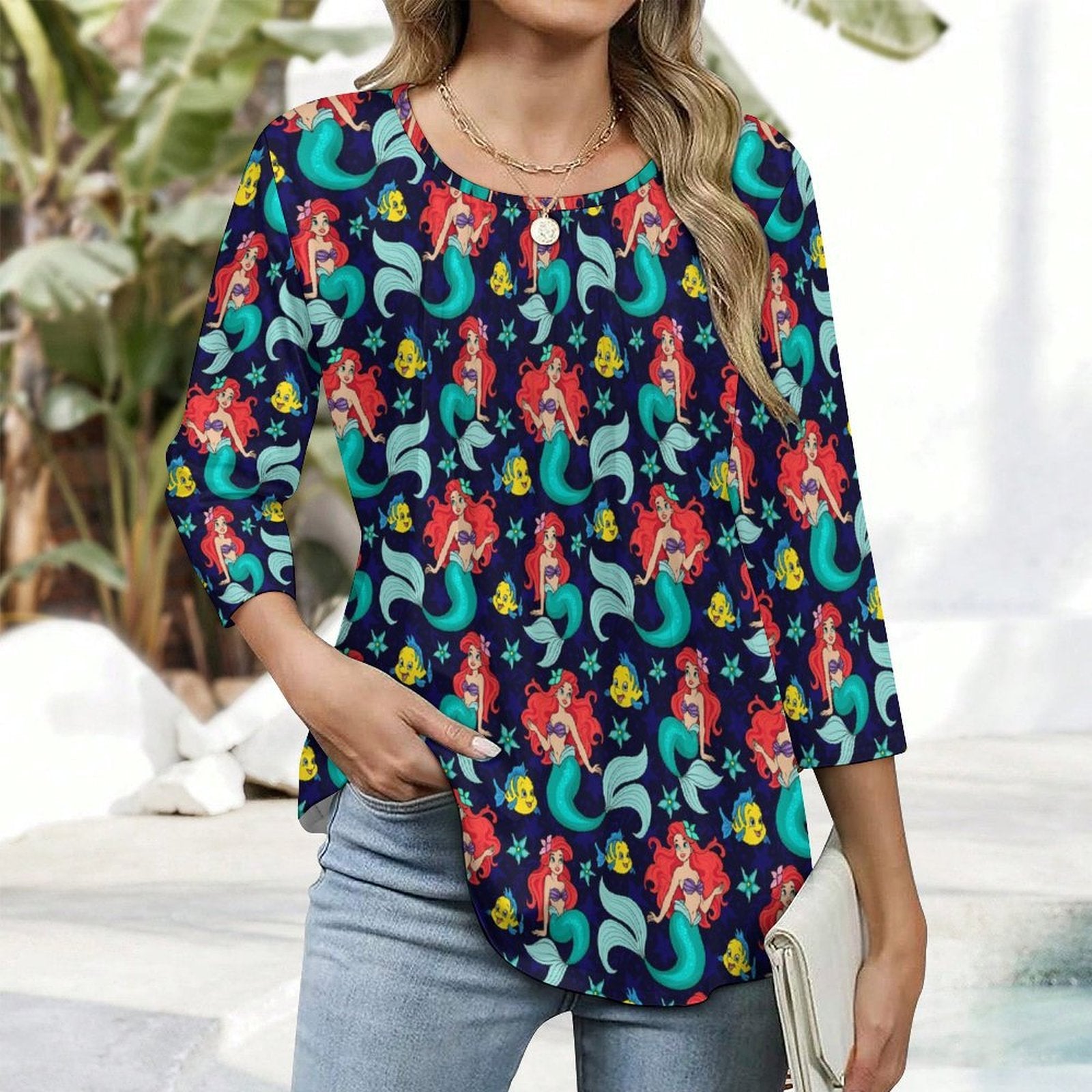 Little Mermaid Women's 3/4 Sleeve Pleated Tunic Top - Ambrie