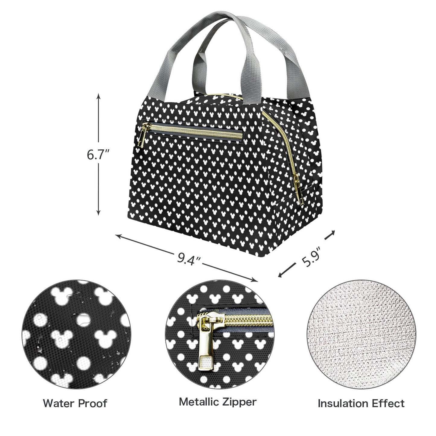 Black With White Mickey Polka Dots Portable Lunch Bag