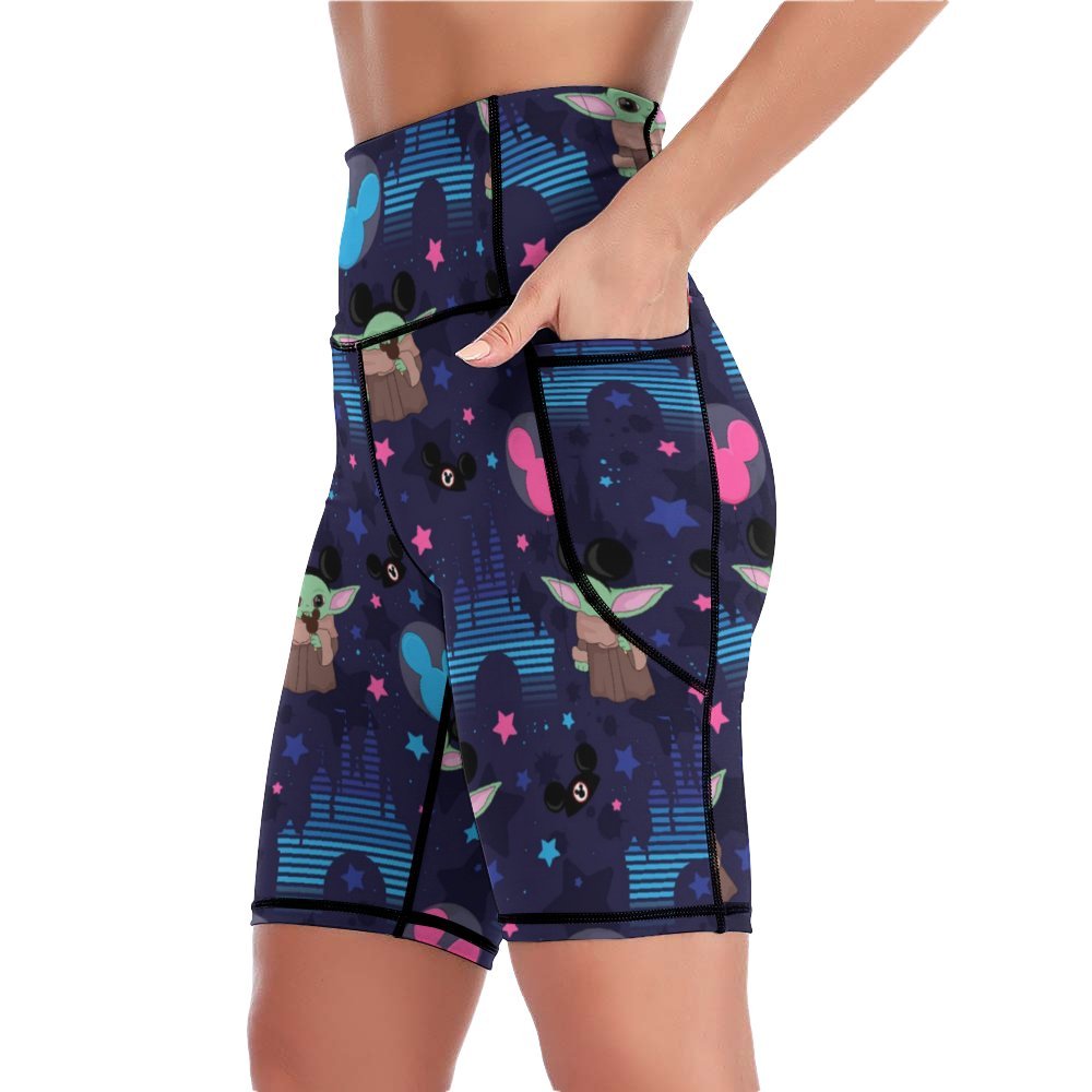 Star Wars Baby Yoda Castles Women's Knee Length Athletic Yoga Shorts With Pockets