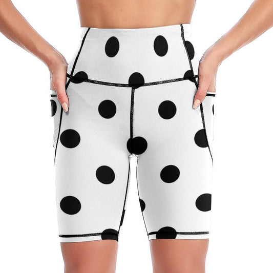 White With Black Polka Dots Women's Knee Length Athletic Yoga Shorts With Pockets