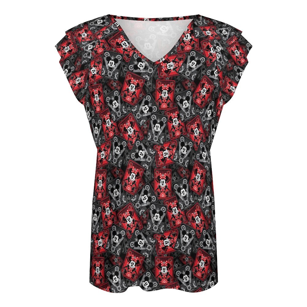 Steamboat Mickey And Minnie Cards Women's Ruffle Sleeve V-Neck T-Shirt