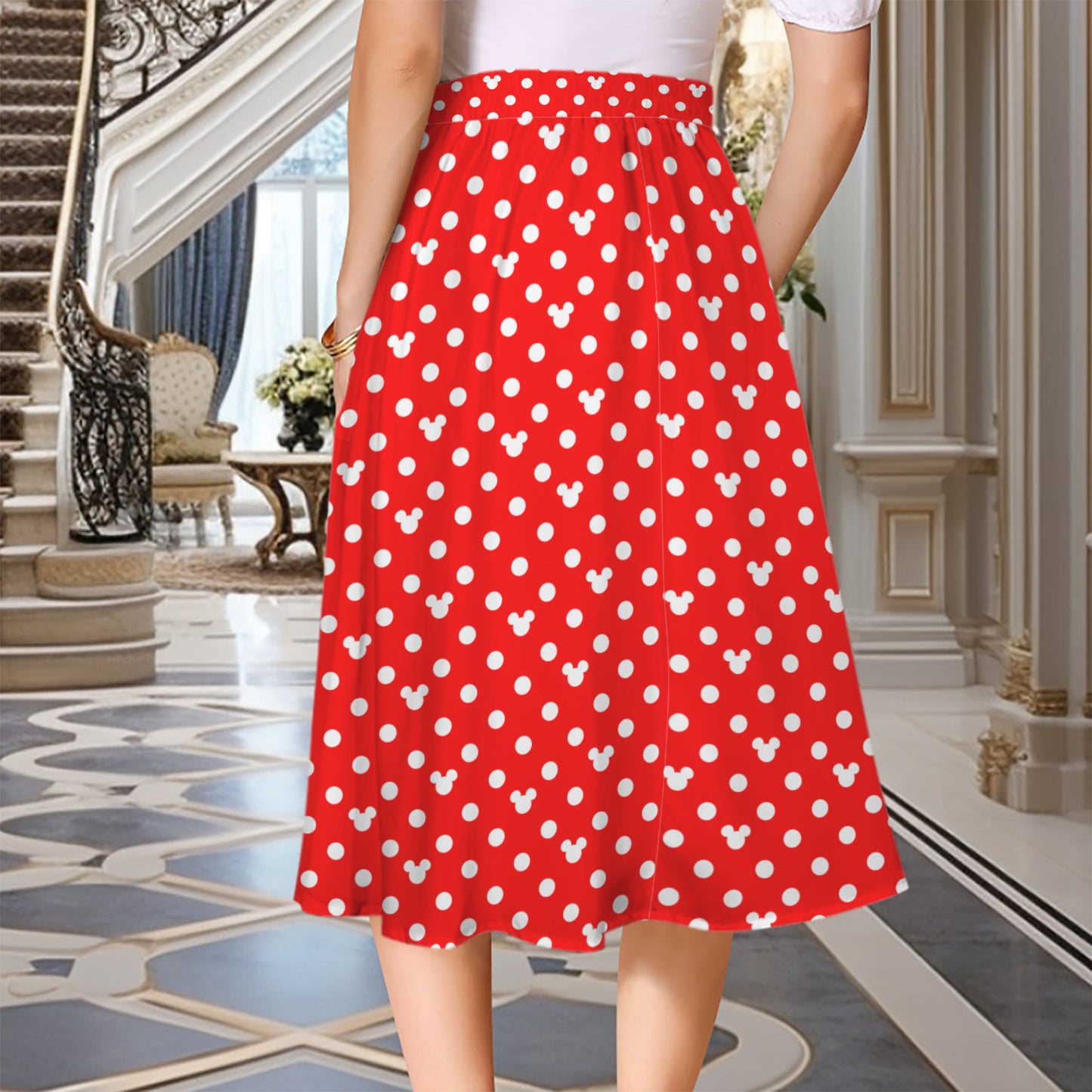 Red With White Mickey Polka Dots Elastic Waist Midi Skirt With Pockets
