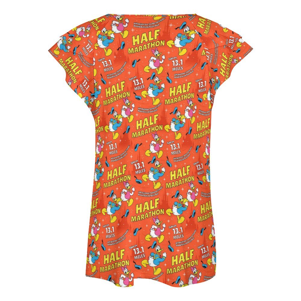 Donald And Daisy Half Marathon Women's Ruffle Sleeve V-Neck T-Shirt