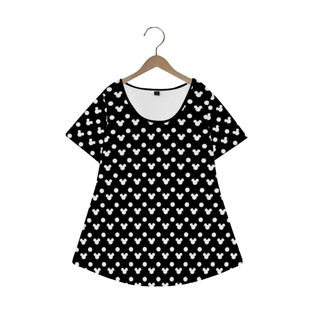 Black With White Mickey Polka Dots Women's Crew Neck Loose Tunic