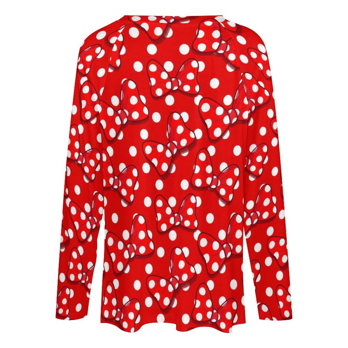 Red With White Polka Dot And Bows Long Sleeve Loose V-Neck Tee
