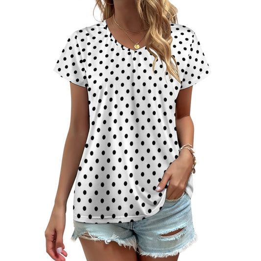 White With Black Polka Dots Women's V-Neck Short Sleeve T-Shirt