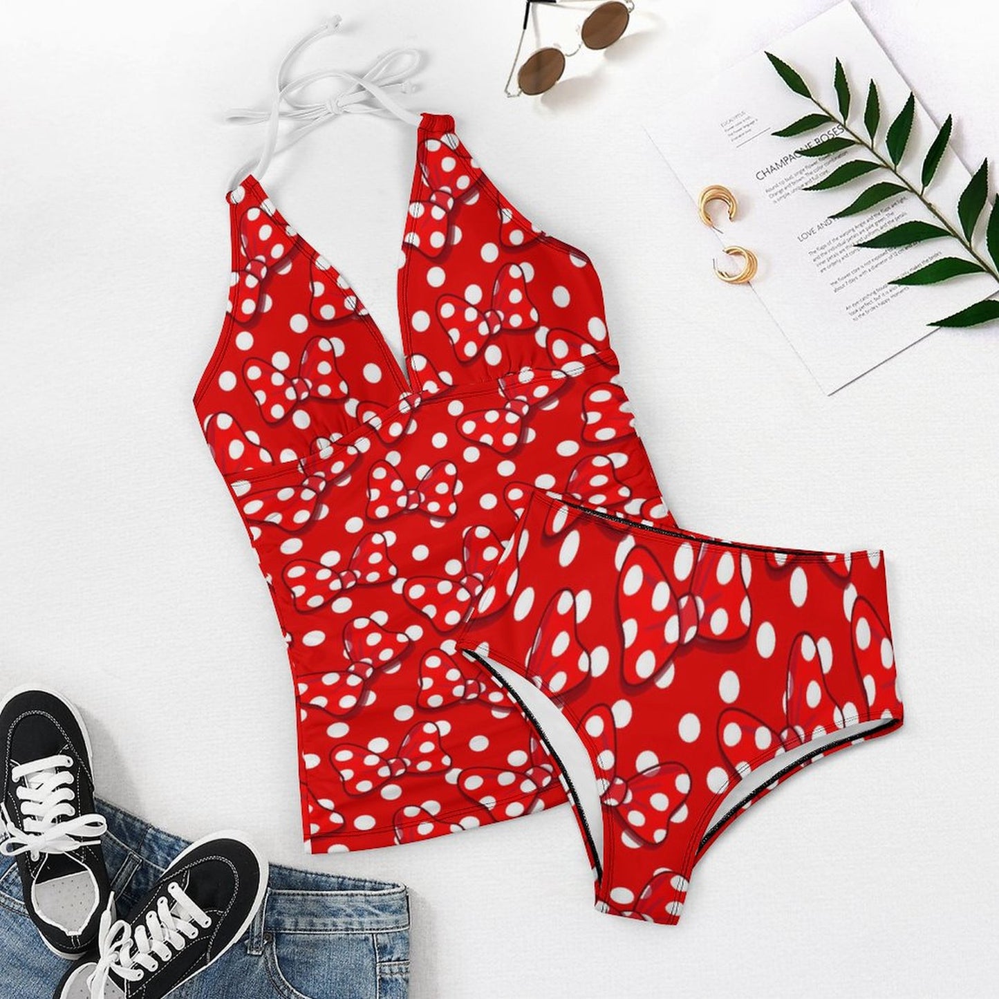 Red With White Polka Dot And Bows Women's Split Swimsuit