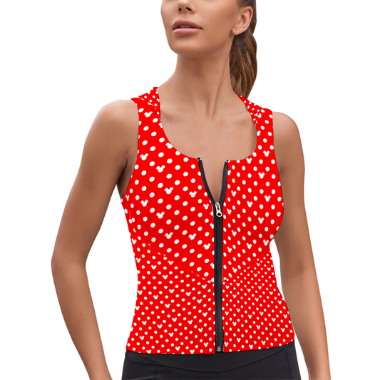 Red With White Mickey Polka Dots Women's Athletic V-Neck Sleeveless Hoodie Vest Tank Top