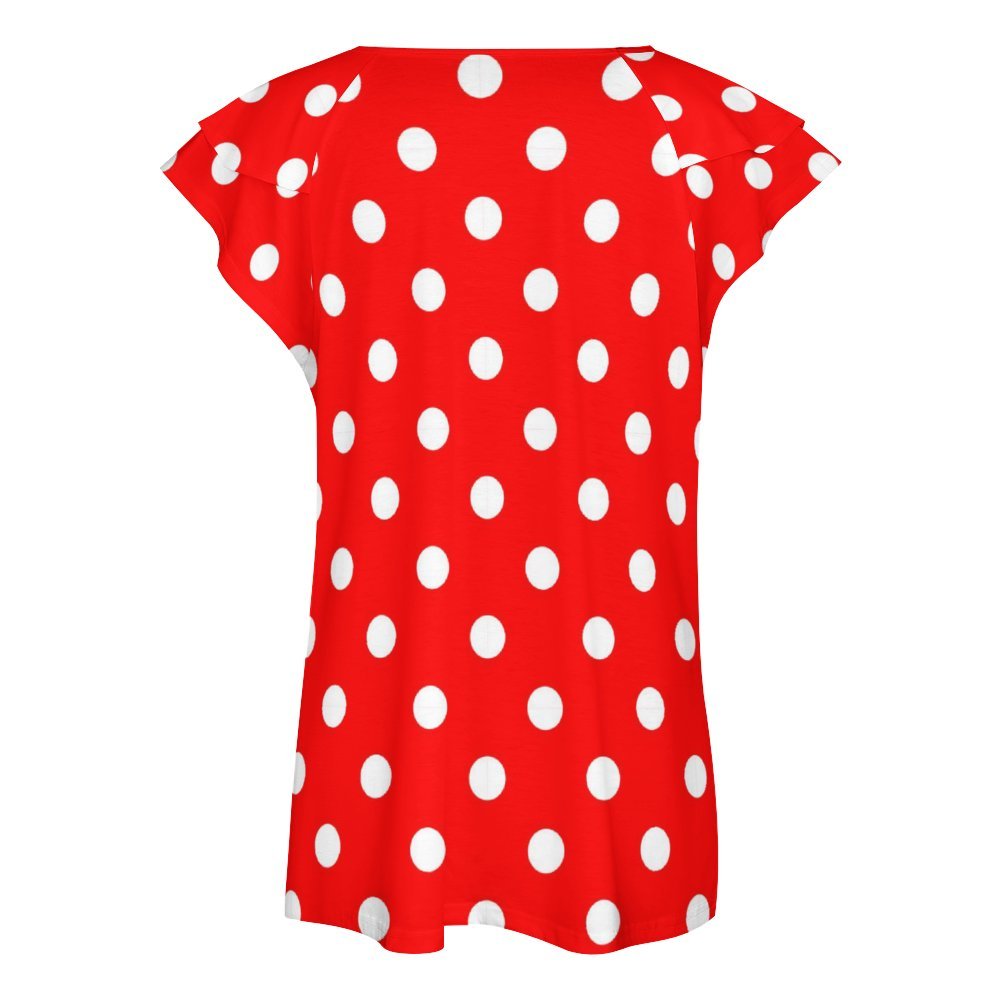 Red With White Polka Dots Women's Ruffle Sleeve V-Neck T-Shirt