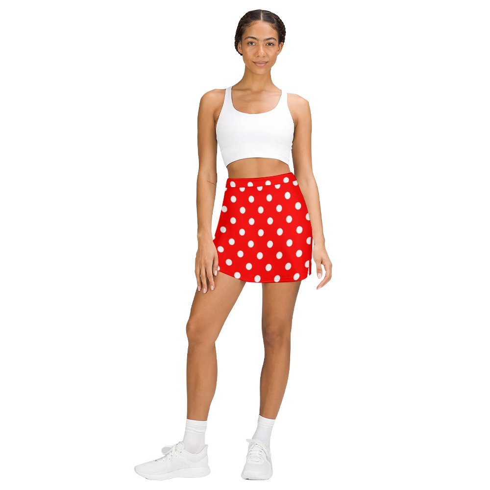 Red With White Polka Dots Athletic A-Line Skirt With Pocket Solid Shorts