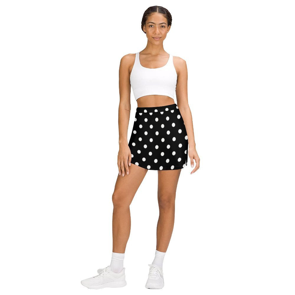 Black With White Polka Dots Athletic A-Line Skirt With Pocket