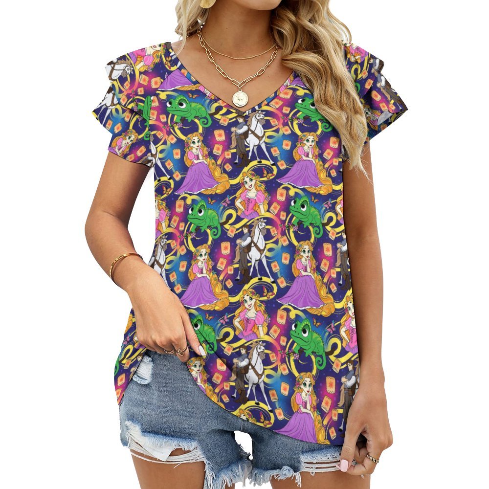 Disney Tangled Rapunzel At Last I See The Light Women's Ruffle Sleeve V-Neck T-Shirt - Ambrie