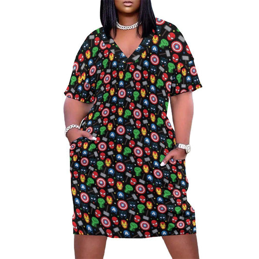 Super Heroes Women's V-neck Loose Dress With Pockets