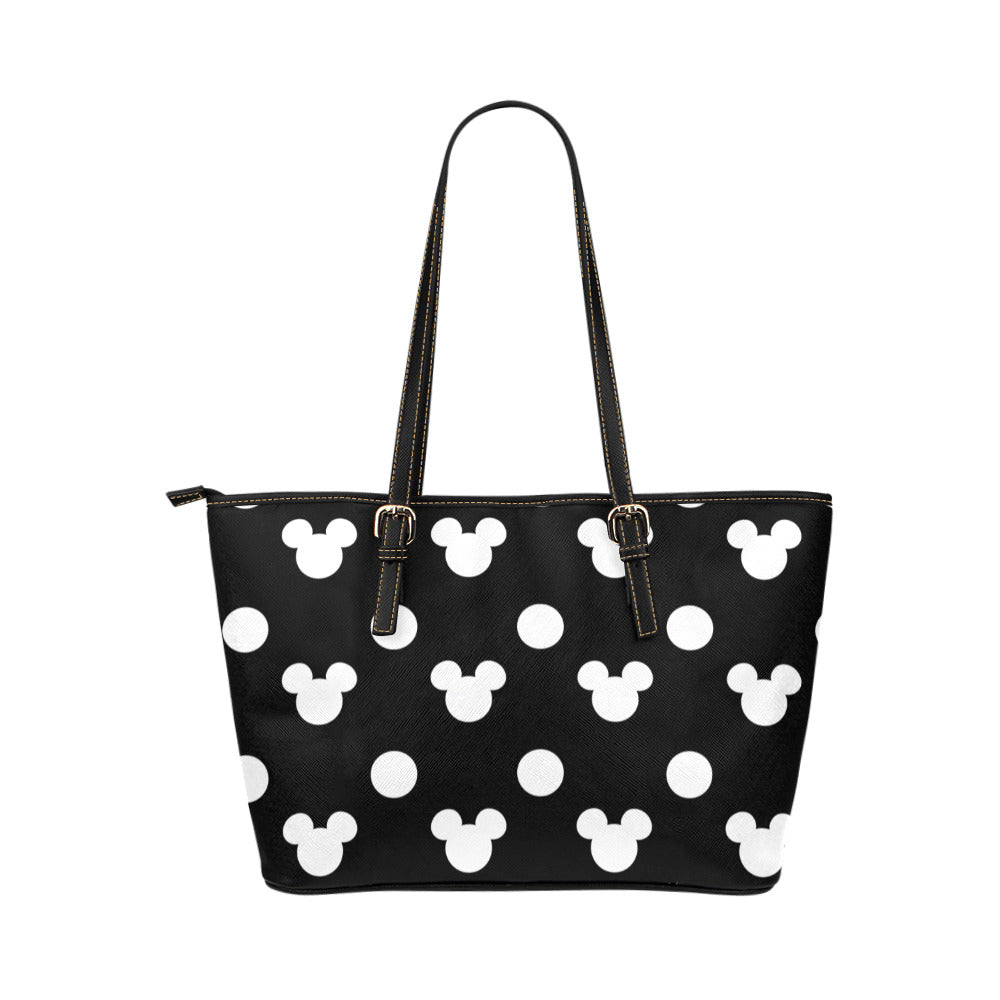 Black With White Mickey Polka Dots Leather Tote Bag