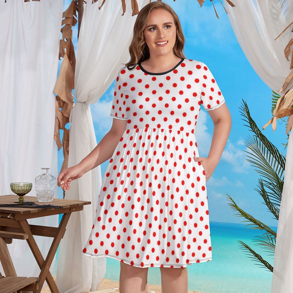 White With Red Polka Dots Women's Round Neck Plus Size Dress With Pockets