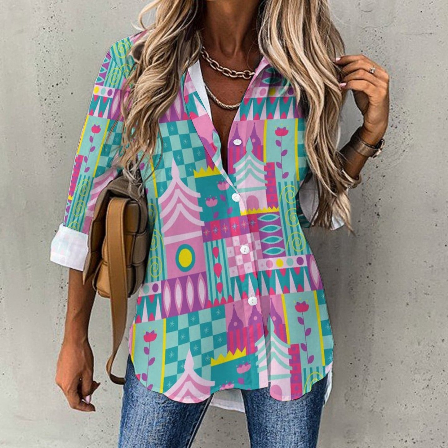 Small World Long Sleeve Button Up Blouse
