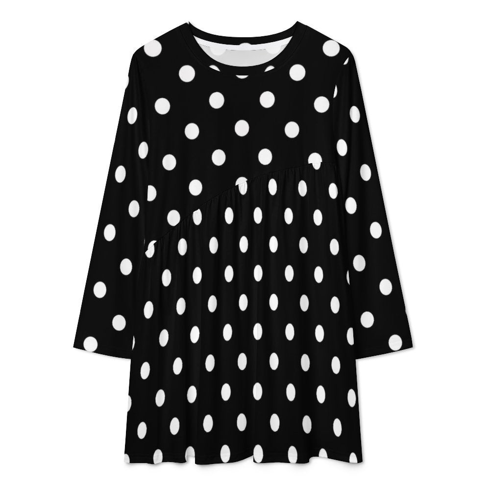 Black With White Polka Dots Long Sleeve Patchwork T-shirt Dress