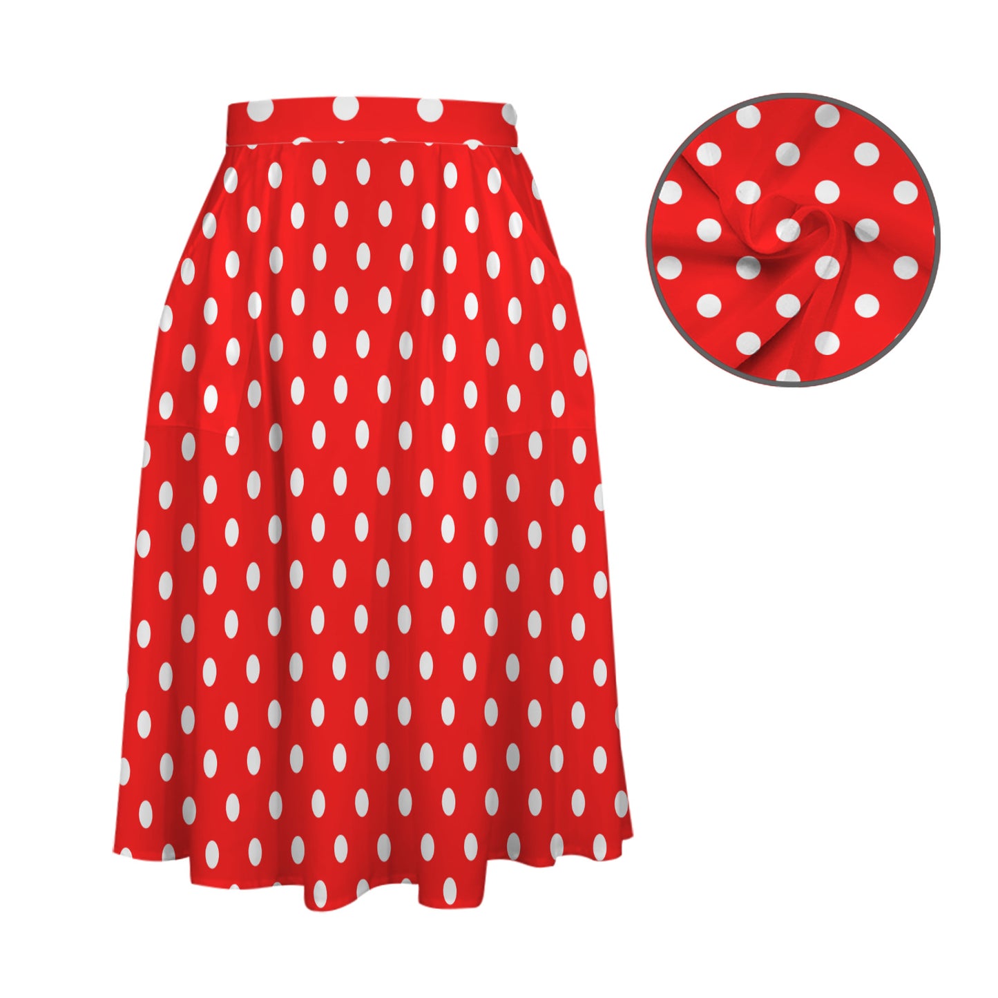 Red With White Polka Dots Elastic Waist Midi Skirt With Pockets