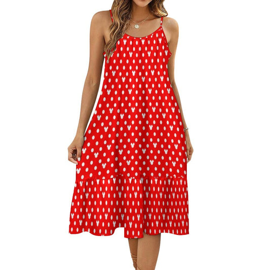 Red With White Mickey Polka Dots Suspender Sleeveless Dress