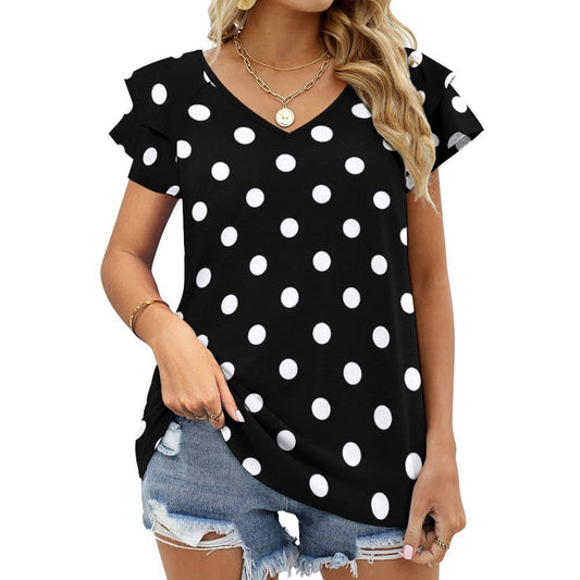 Black With White Polka Dots Women's Ruffle Sleeve V-Neck T-Shirt