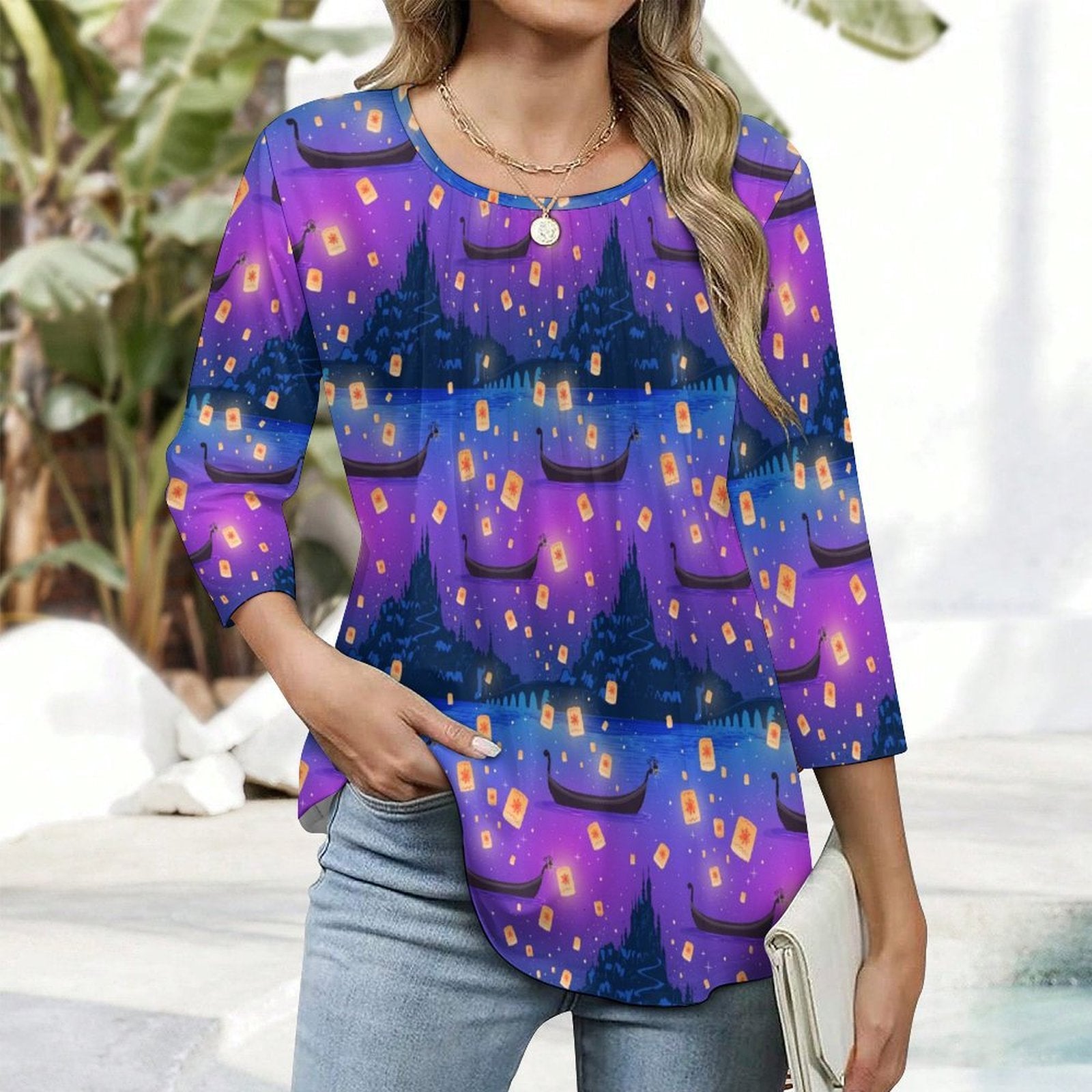 Floating Lanterns Women's 3/4 Sleeve Pleated Tunic Top - Ambrie