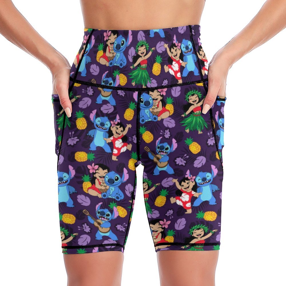 Disney Lilo And Stitch Island Friends Women's Knee Length Athletic Yoga Shorts With Pockets