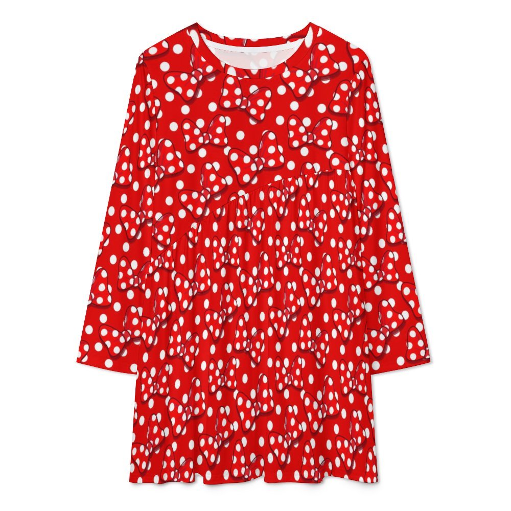 Red With White Polka Dot And Bows Long Sleeve Patchwork T-shirt Dress