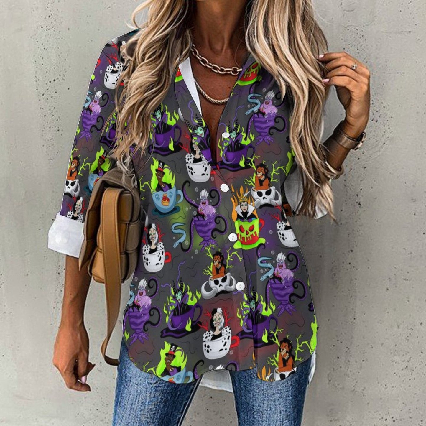 Villains Tea Cups Long Sleeve Button Up Blouse