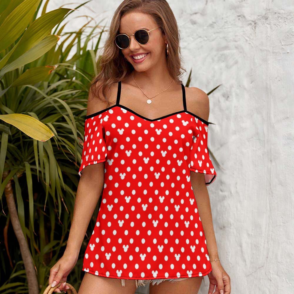 Red With White Mickey Polka Dots Women's Off-Shoulder Cold Shoulder Camisole Top