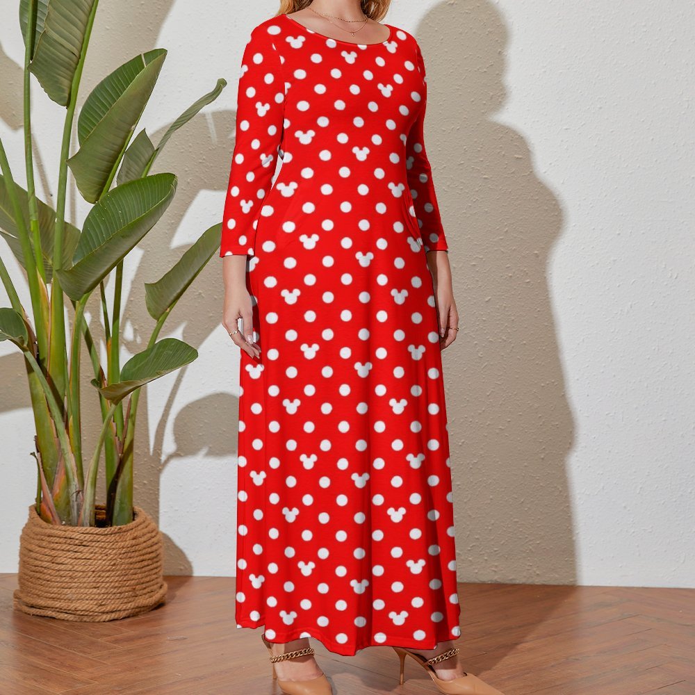 Red With White Mickey Polka Dots Plus Size Loose-Fit Long Sleeve Dress