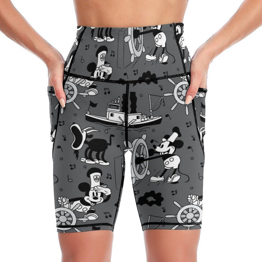 Steamboat Mickey Women's Knee Length Athletic Yoga Shorts With Pockets